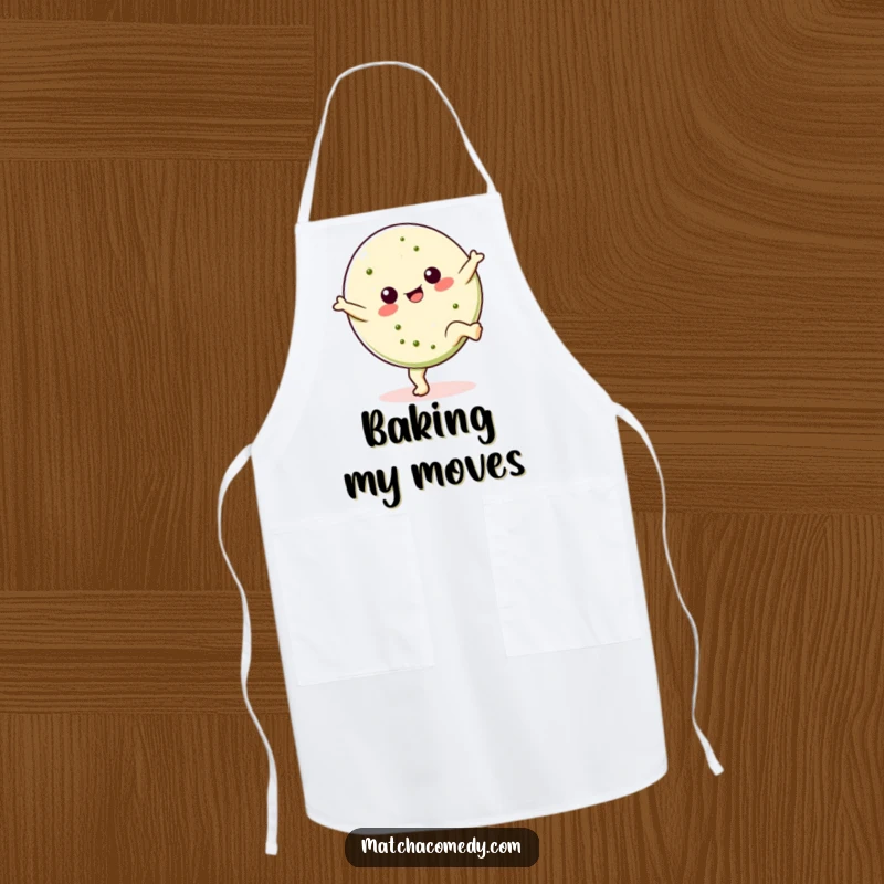 Funny Kawaii matcha cookie apron designed with a cartwheeling cookie, a humorous and practical kitchen accessory for bakers, great for gifting.