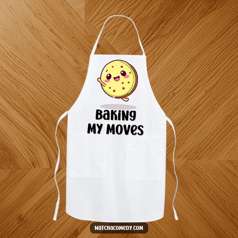 Funny Kawaii Matcha Cookie Apron with a matcha cookie doing a cartwheel, great for baking.