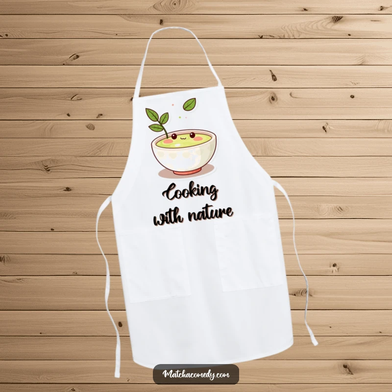 Funny Kawaii matcha bowl character amused by a floating leaf, waterproof material, designed for kitchen enjoyment.