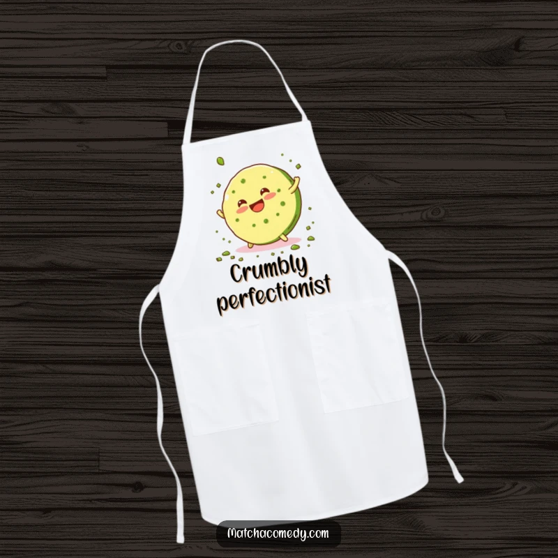 Funny, smiling matcha cookie doing a cartwheel and scattering green crumbs, featured on this practical and humorous kitchen apron.