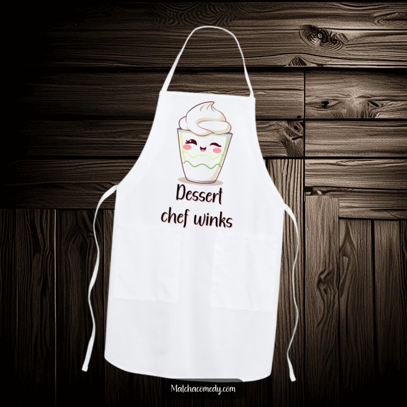 Funny Apron showing an excited kawaii matcha parfait winking playfully, ideal for chefs who love sweet treats.