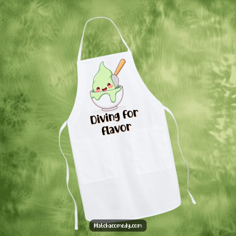 Funny, happy matcha ice cream scoop diving into a bowl, featured on this practical and humorous kitchen apron.