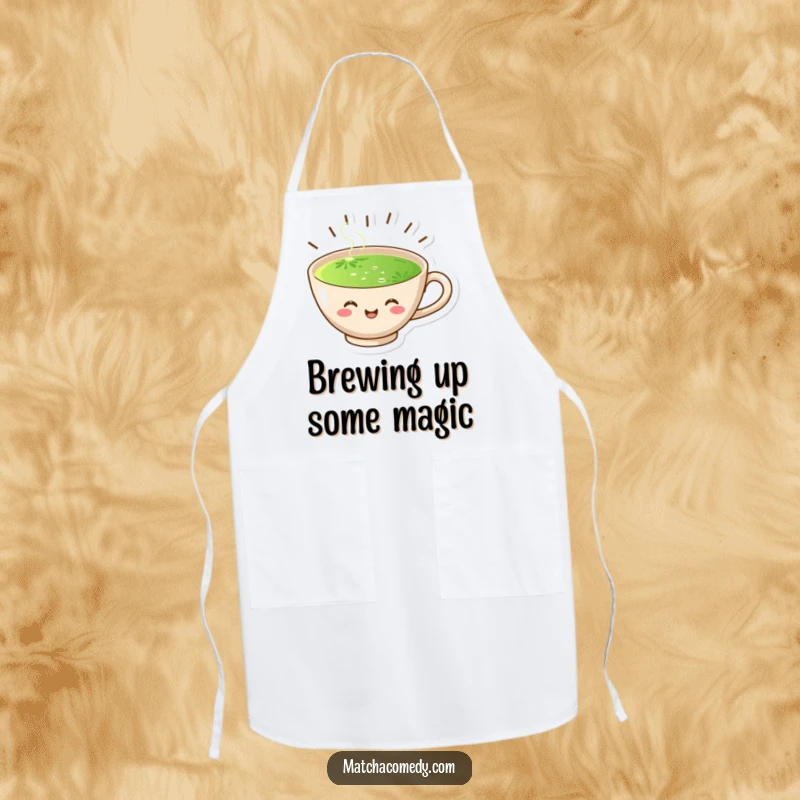 Funny apron showcasing a joyful matcha cup with radiating steam, ideal for keeping clean while cooking with a smile.