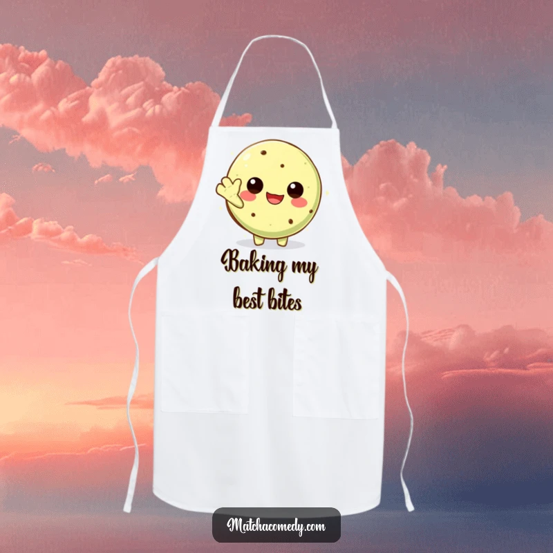 Funny Kawaii Matcha Cookie Apron: A functional and funny kitchen accessory with a cute character waving.