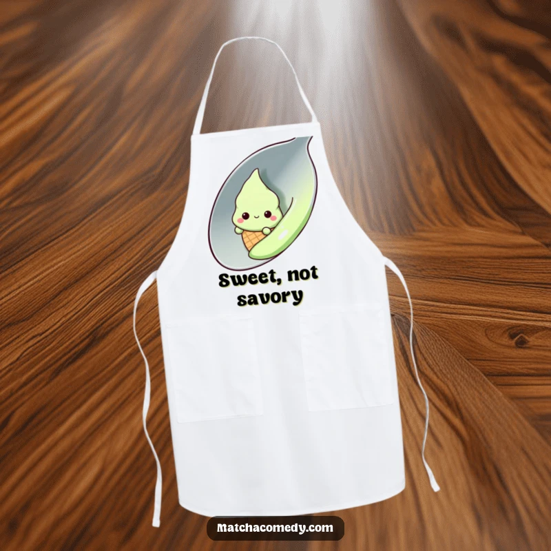 Funny shy kawaii matcha ice cream cone peeking from behind a large spoon, apron, kitchen, cooking, cute, gift.