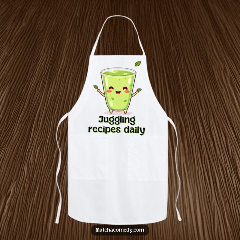 Funny Kawaii Matcha Juggling Apron: A happy matcha beverage juggling tea leaves, perfect for culinary fun.