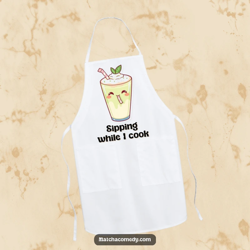 Funny Kawaii Matcha Latte Sipping Apron: A happy matcha latte sipping with a tiny straw, perfect for kitchen fun.