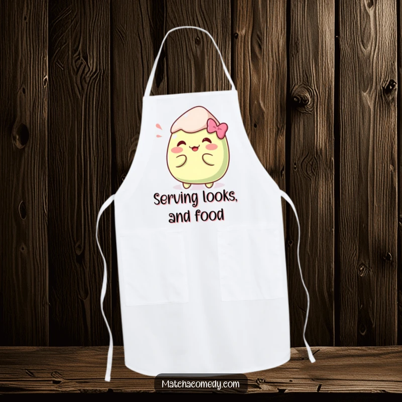 Funny Kawaii matcha mochi in a hilarious pose depicted on this practical and humorous apron.