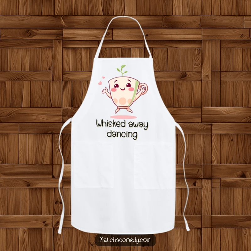 Funny matcha dancer apron depicting a cheerful tea cup character dancing happily, perfect for adding humor to cooking.