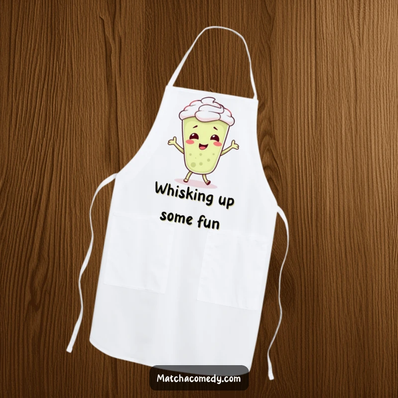 Funny Matcha Latte Apron showing a giggling character doing a silly dance, adding a cheerful and bubbly vibe to kitchen activities.