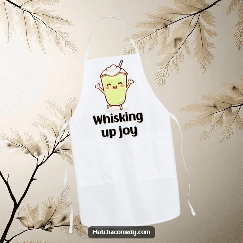 Funny Kawaii matcha latte apron featuring a dancing character, perfect for keeping clean while cooking with a smile.
