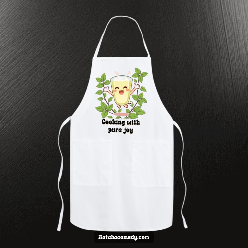 Funny Matcha Latte Apron featuring an excited character jumping for joy surrounded by green leaves, adding a vibrant and cheerful touch to cooking.