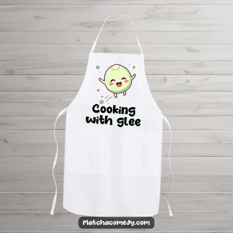 Funny matcha mochi apron showing a character bouncing with excitement and leaving happy particles, perfect for kitchen fun, a great funny gift for chefs.