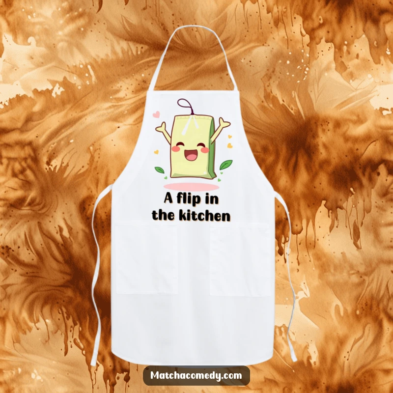 Funny apron designed for cooks, displaying a matcha tea bag in a joyful somersault, ready for kitchen fun.