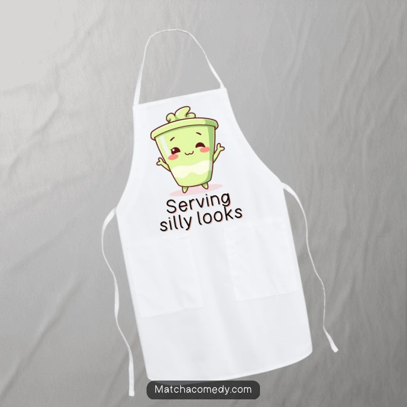 Funny matcha cup apron striking a silly pose while cooking, adding humor to kitchen tasks.