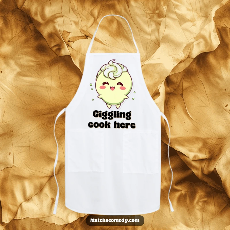 Funny matcha tea cup character with a frothy swirl, caught in a giggle, adorning this practical and humorous kitchen apron.