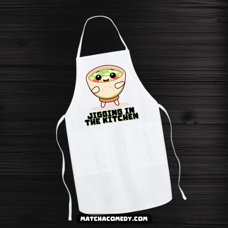 Funny matcha bowl performing a delightful jig, making this apron a cheerful companion in the kitchen.