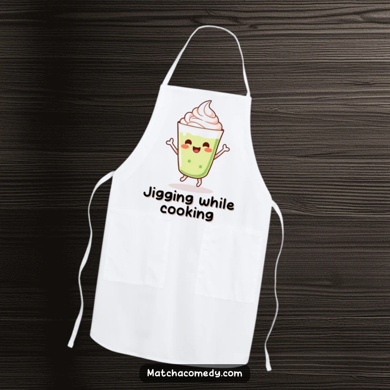 Funny dancing kawaii matcha latte with whipped cream, doing a cheerful jig, apron.
