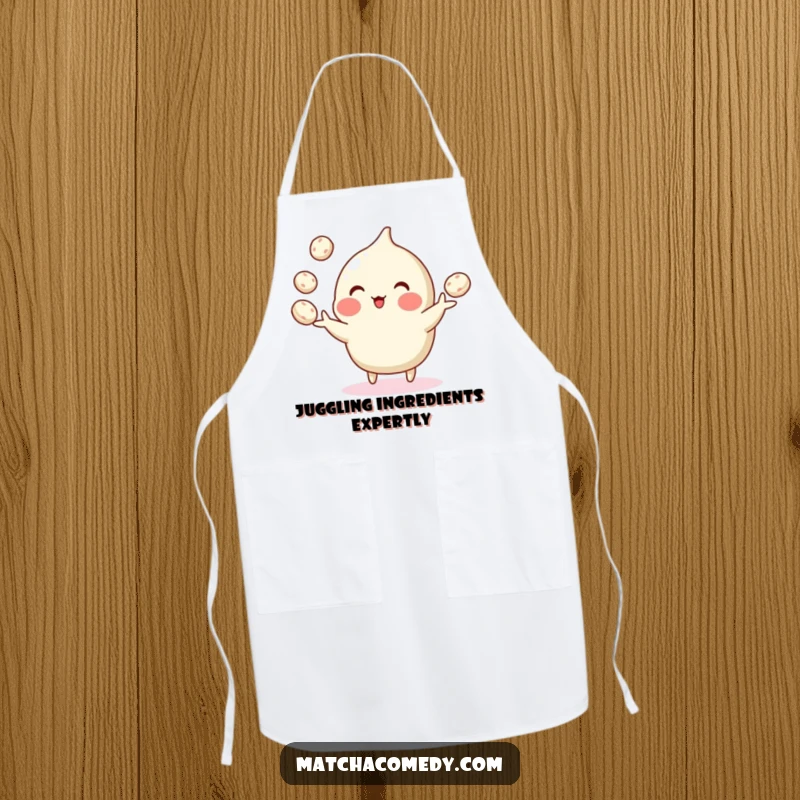 Funny kitchen apron with a matcha confection juggling tiny mochi balls, a humorous and practical accessory for bakers.