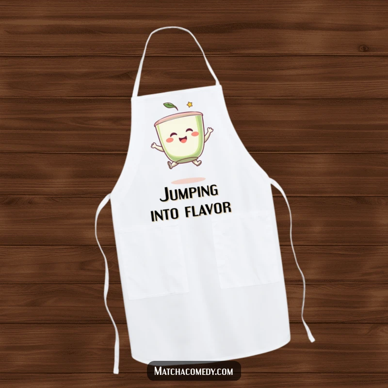 Funny matcha tea cup character energetically leaping, ready to protect your clothes with a smile in this humorous kitchen apron.
