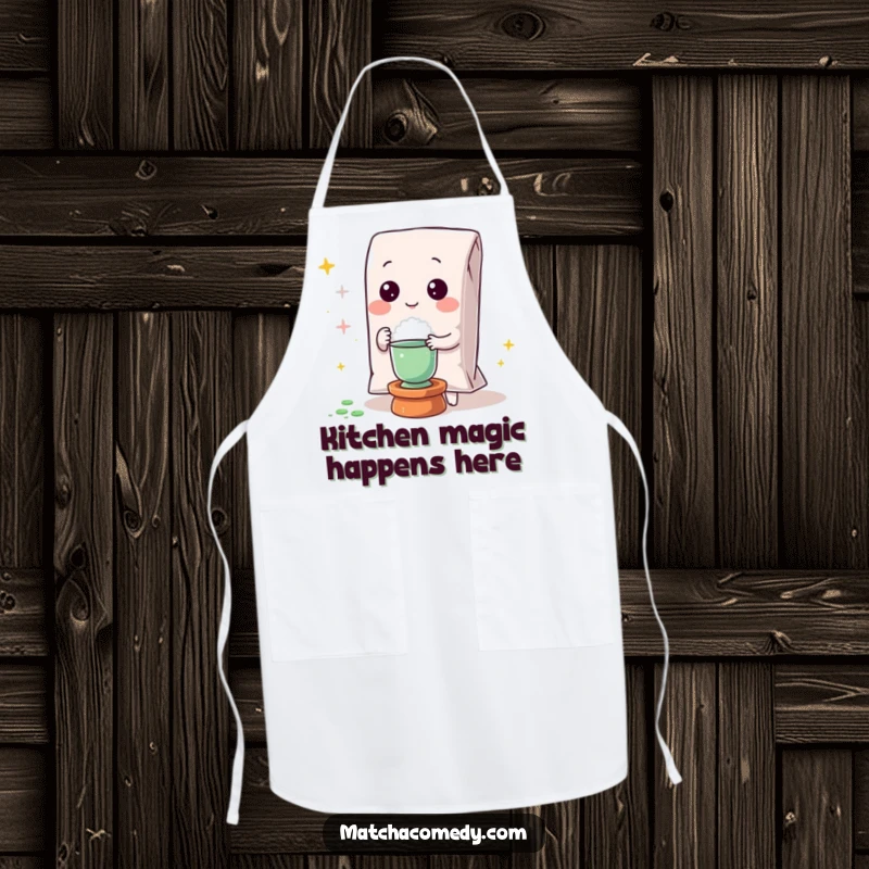 Funny Kawaii matcha powder bag performing a magic trick on this durable and whimsical apron.