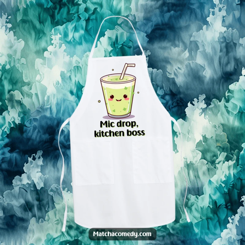Funny Kawaii matcha drink with a straw doing a mic drop on this durable and humorous apron.