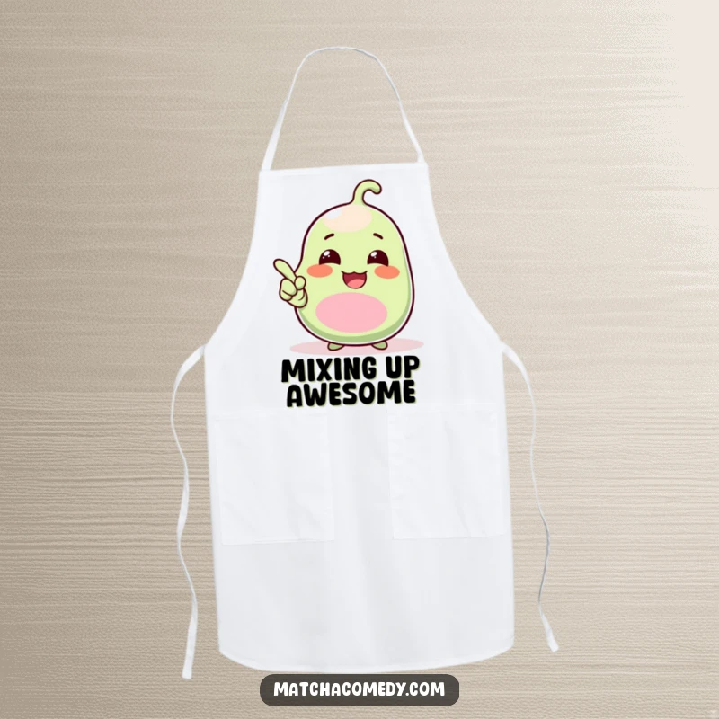 Funny Apron showing a giggling kawaii matcha bean chef pointing upwards with an excited and humorous flourish, perfect for kitchen fun.