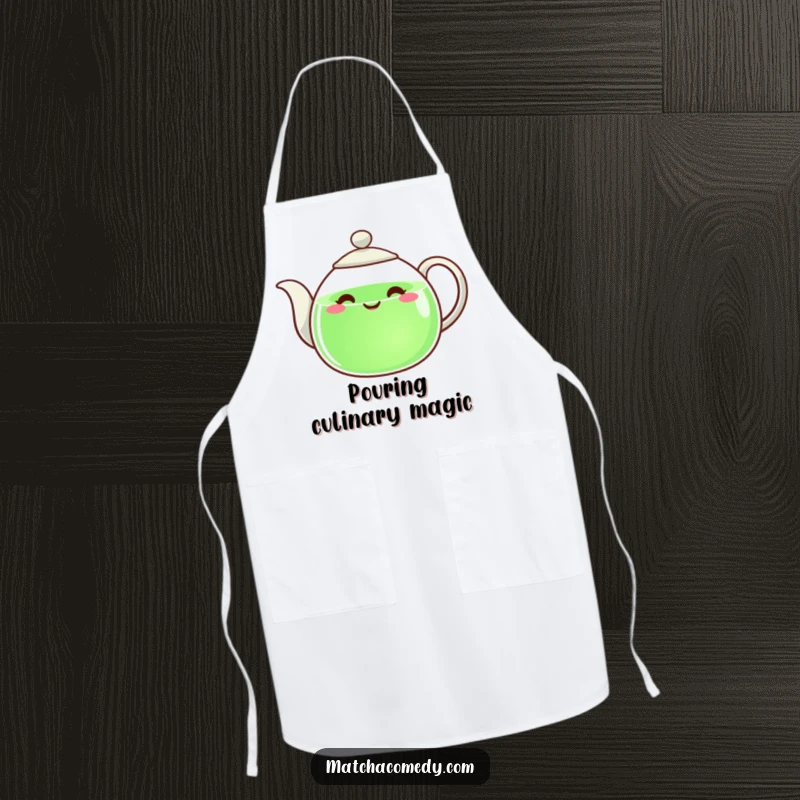 Funny teapot with a beaming smile, pouring green liquid, making this apron a delightful kitchen companion.