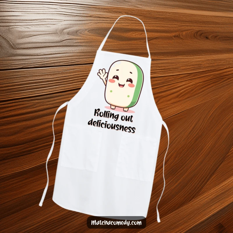 Funny matcha roll character waving hello on a kitchen apron, great for adding playful charm while cooking.