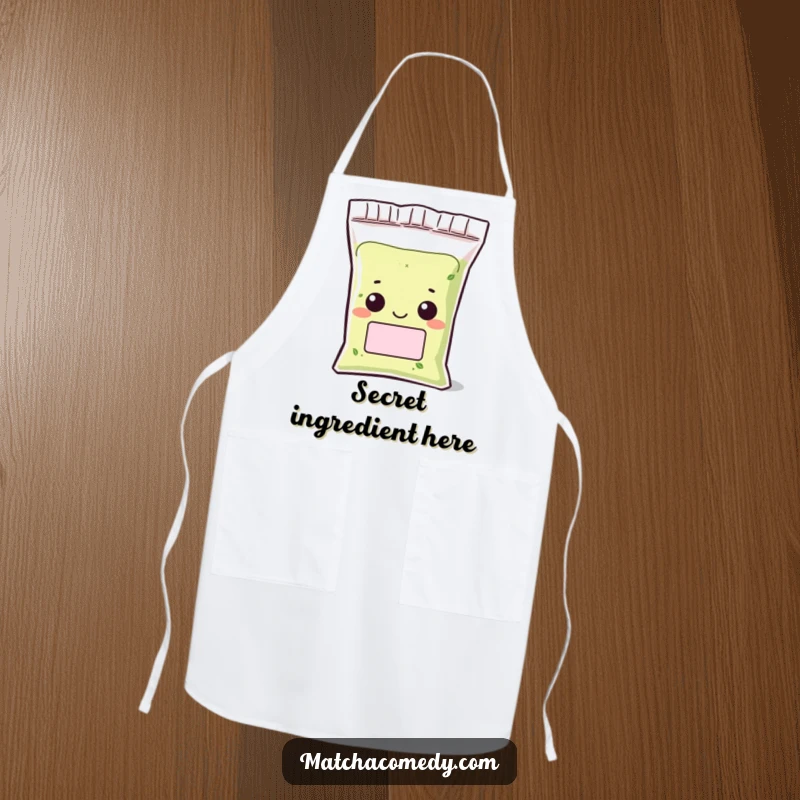 Funny Kawaii matcha powder bag apron with a character peeking out with a grin, perfect for cooking and baking.