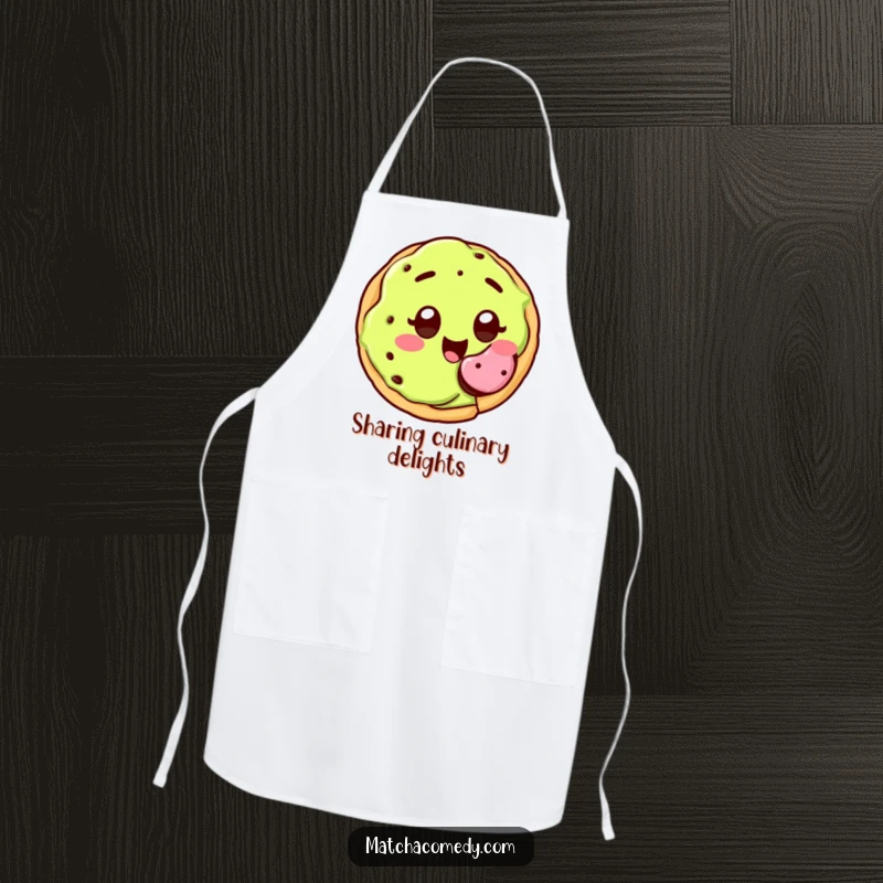 Funny kawaii matcha cookie with wide, joyful eyes, happily offering a bite, apron.