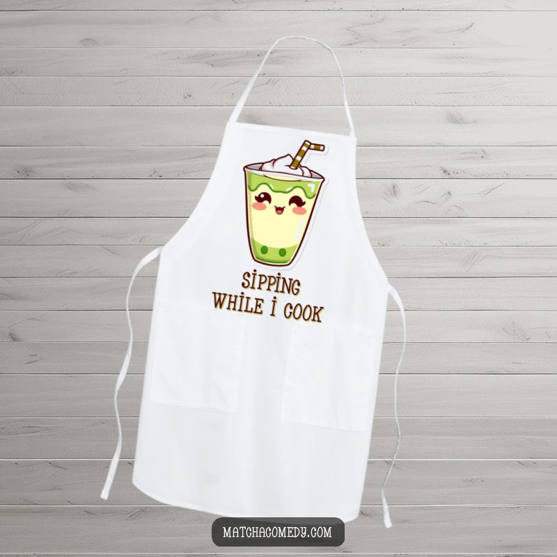 Funny Kawaii Matcha Drink Apron: A humorous and practical kitchen accessory with a cute character and funny straw placement.