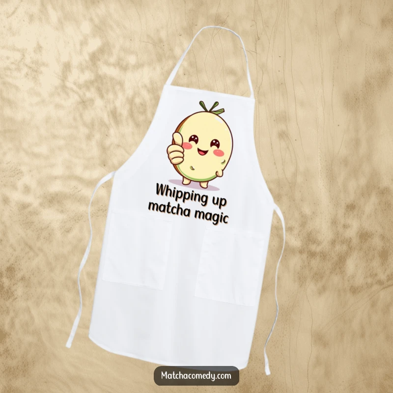 Funny matcha cookie character giving a thumbs up, designed on a cooking apron, great for kitchen humor.