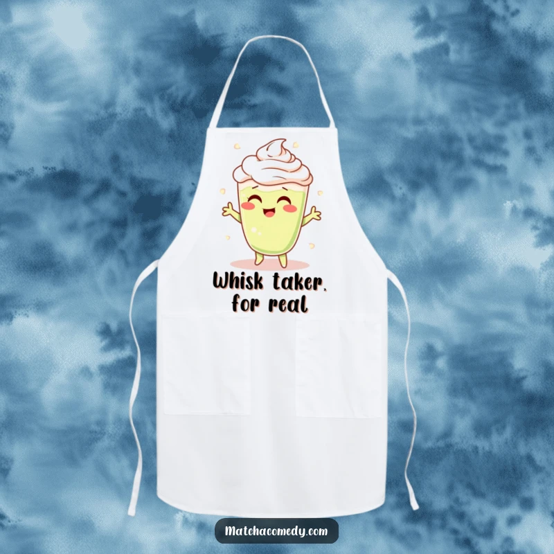Funny Matcha Latte Apron showing a cheerful character shimmying with foamy swirls, perfect for a joyful cooking experience.