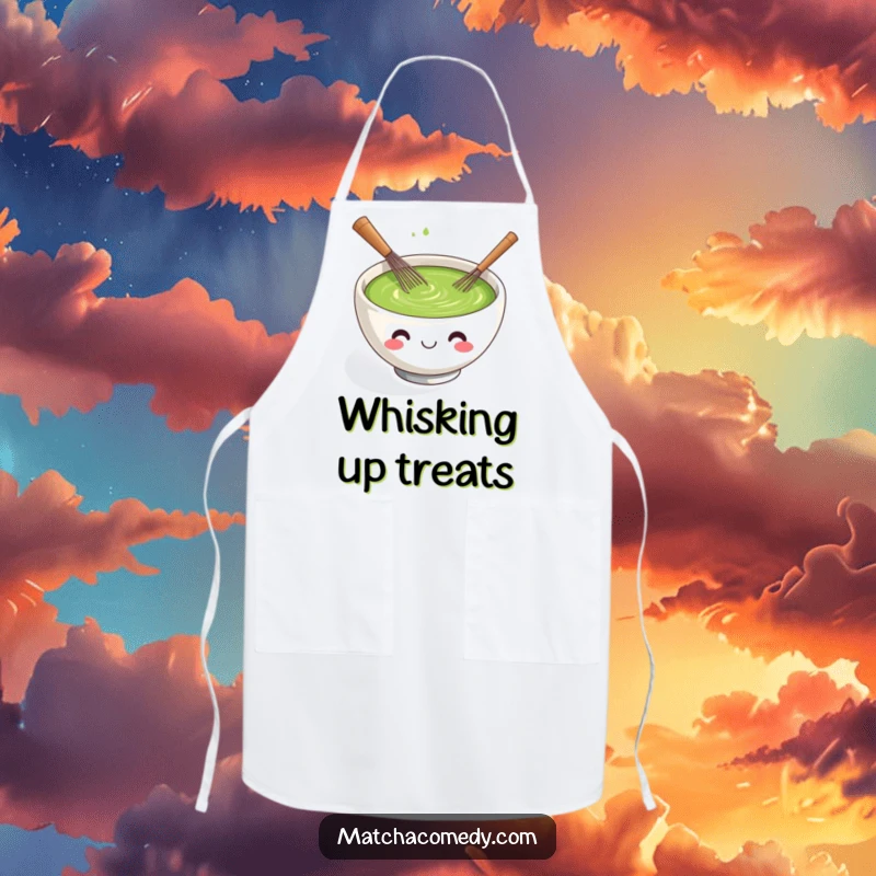 Funny kawaii matcha tea bowl apron, smiling and actively whisking with a tiny whisk.