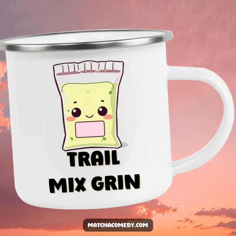Funny Kawaii matcha powder bag camping mug with a peeking, grinning character, built for outdoor enjoyment.
