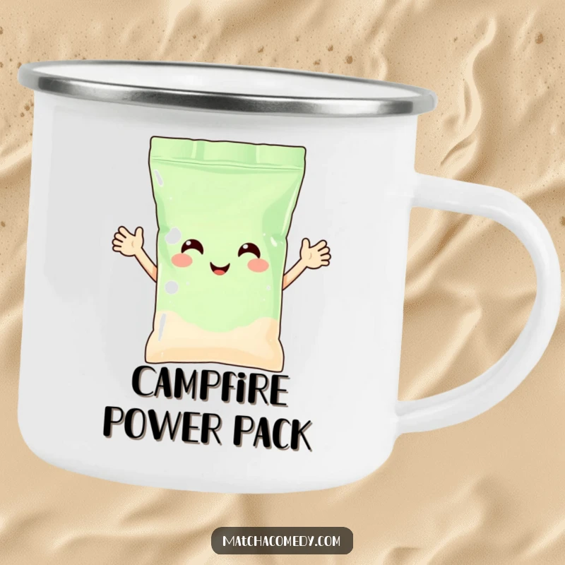 Funny matcha powder bag with arms waving happily, designed for a rugged camping mug. Perfect for outdoor enthusiasts.