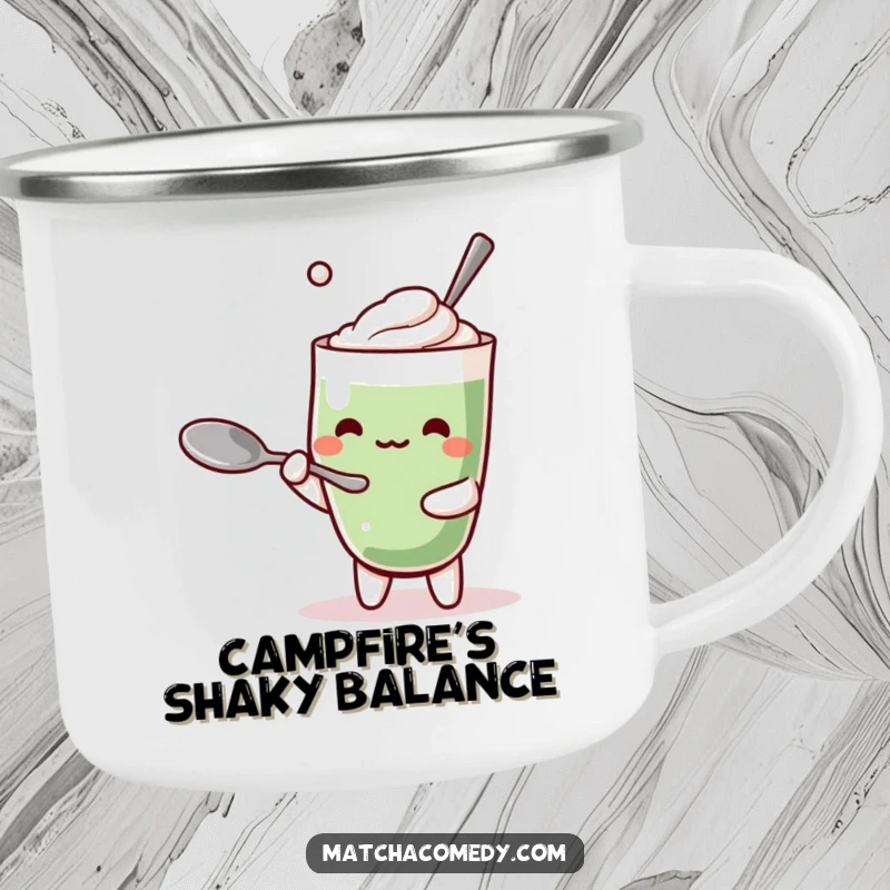 Funny Kawaii Matcha Latte Camping Mug: Durable and portable, featuring a cute character humorously balancing a spoon on adventures.
