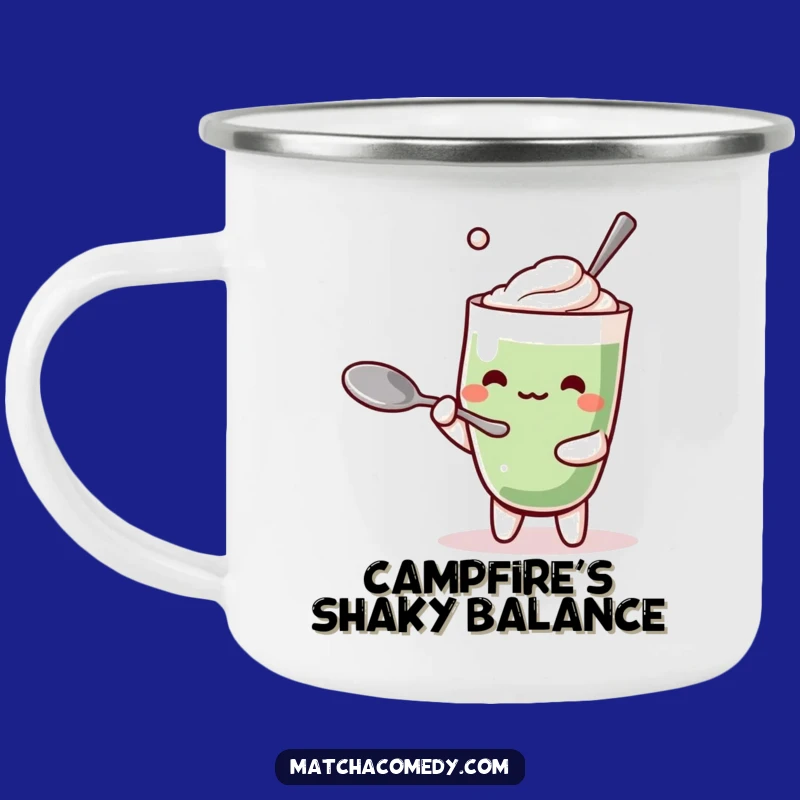Funny Kawaii Matcha Latte Camping Mug: Balancing Spoon Adventure, Ideal Funny Gift for Campers