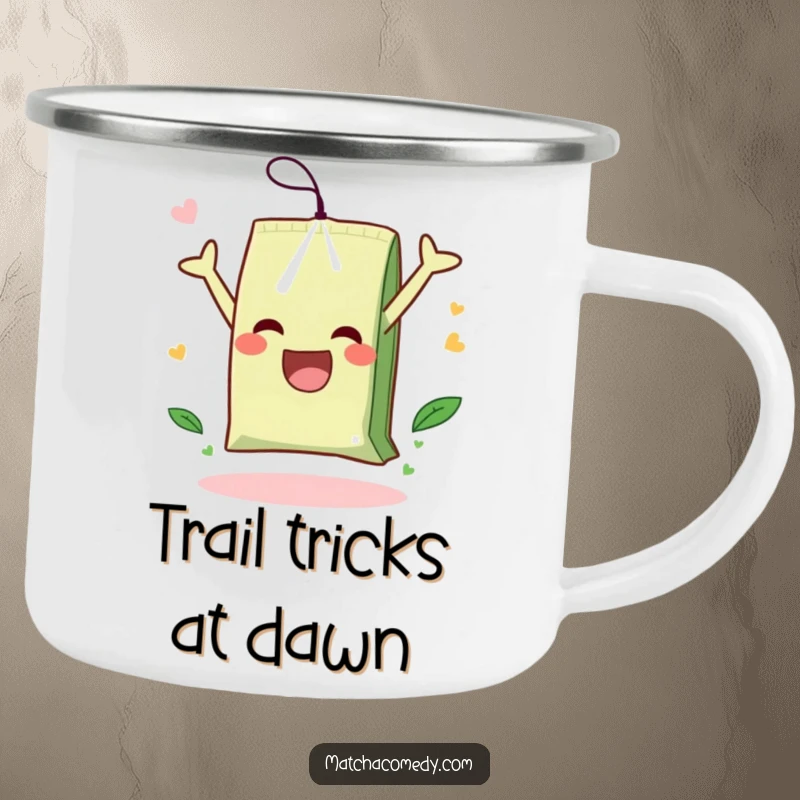 Funny camping mug showcasing a matcha tea bag mid-somersault, perfect for outdoor enthusiasts and tea lovers needing fun.