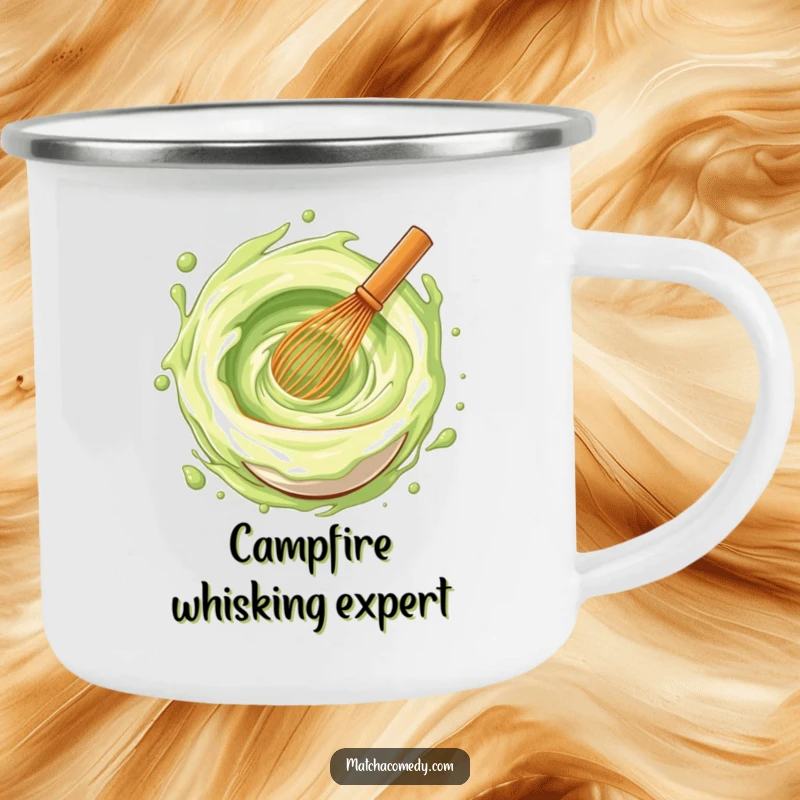 Funny matcha whisk stirring a vortex of joy on a rugged camping mug, perfect for outdoor enthusiasts.