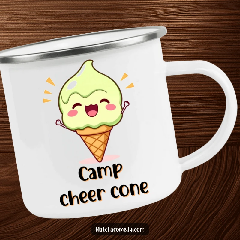Funny Kawaii Matcha Ice Cream Camping Mug: A tough mug with a cute matcha ice cream cone cheering enthusiastically.