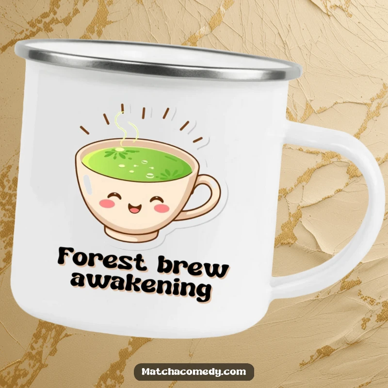 Funny durable camping mug with a joyful matcha cup graphic and radiating steam, perfect for enjoying beverages outdoors.