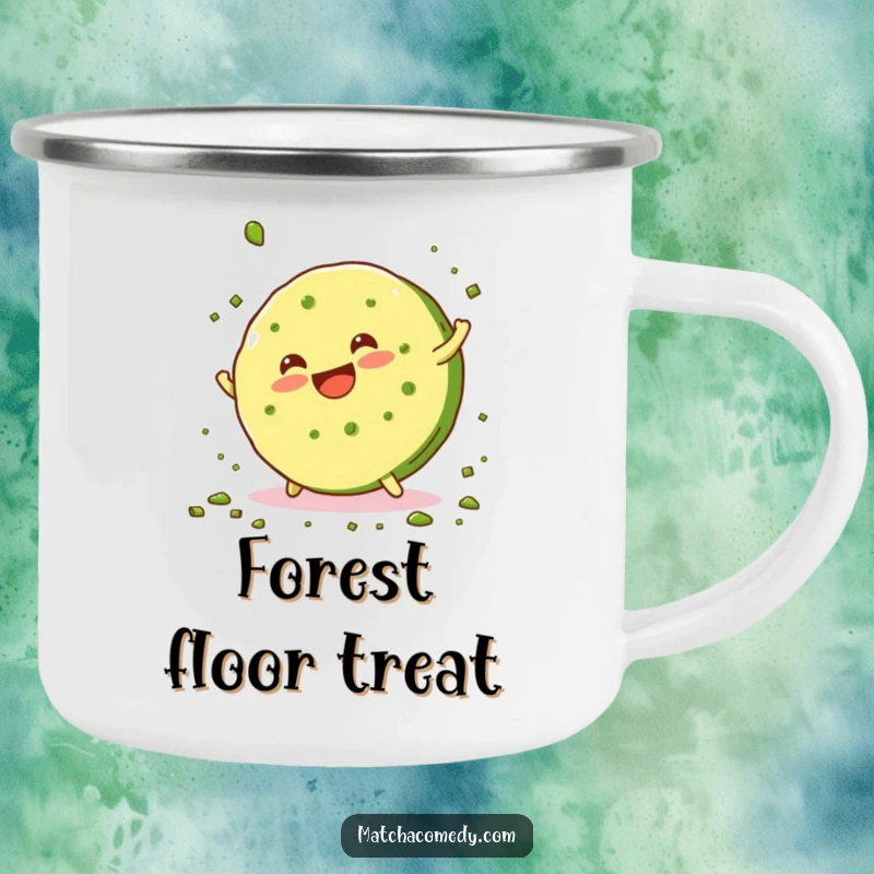 Funny, smiling matcha cookie doing a cartwheel and scattering crumbs, perfect for this rugged and humorous camping mug.