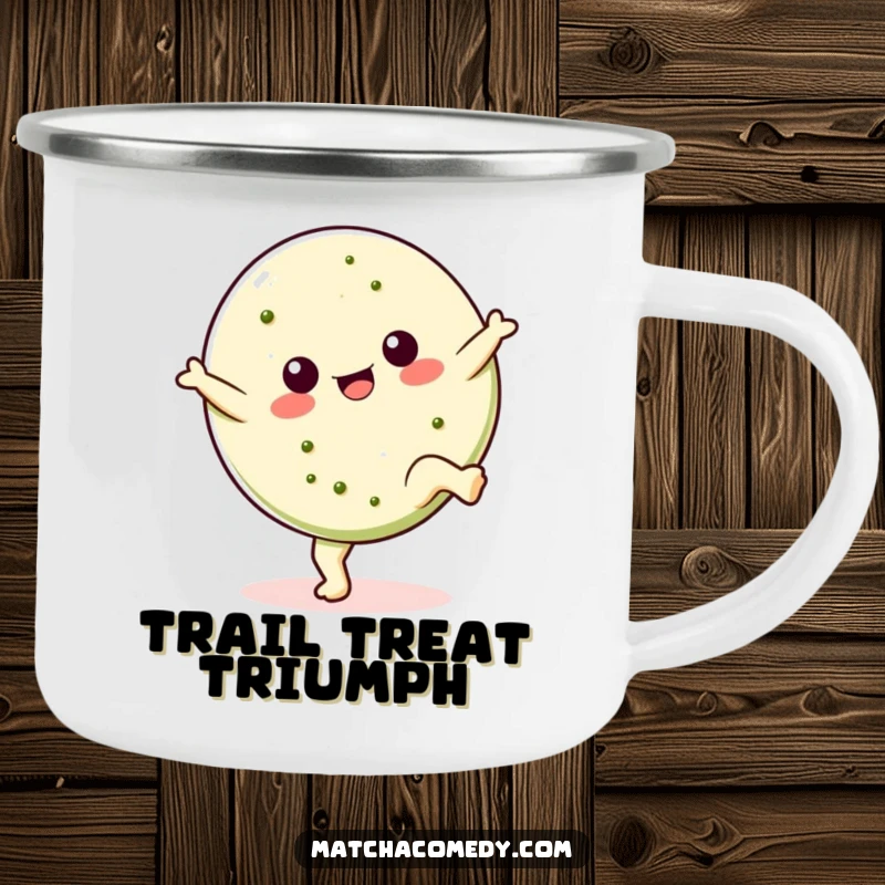 Funny Kawaii matcha cookie camping mug in a cartwheeling pose, built for adventure and bringing sweet, humorous vibes, great outdoors gift.