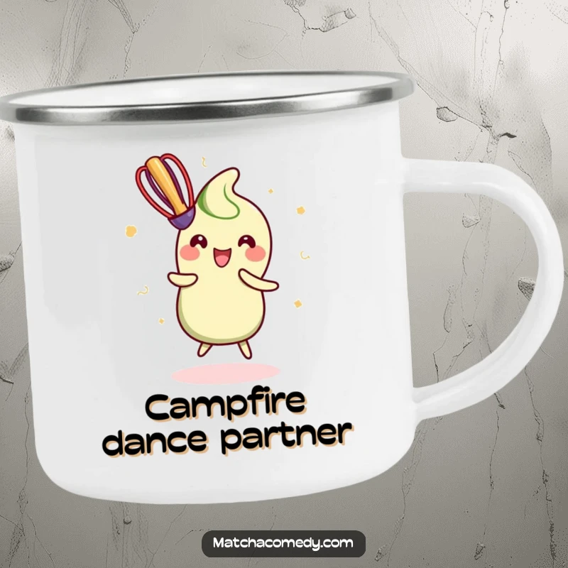 Funny Camping Mug showing a kawaii matcha whisk doing a happy dance, built for outdoor fun and vibrant energy.