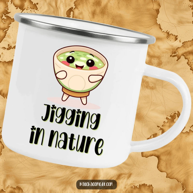 Funny matcha bowl captured mid-jig, perfect for sipping on adventures with this durable camping mug.