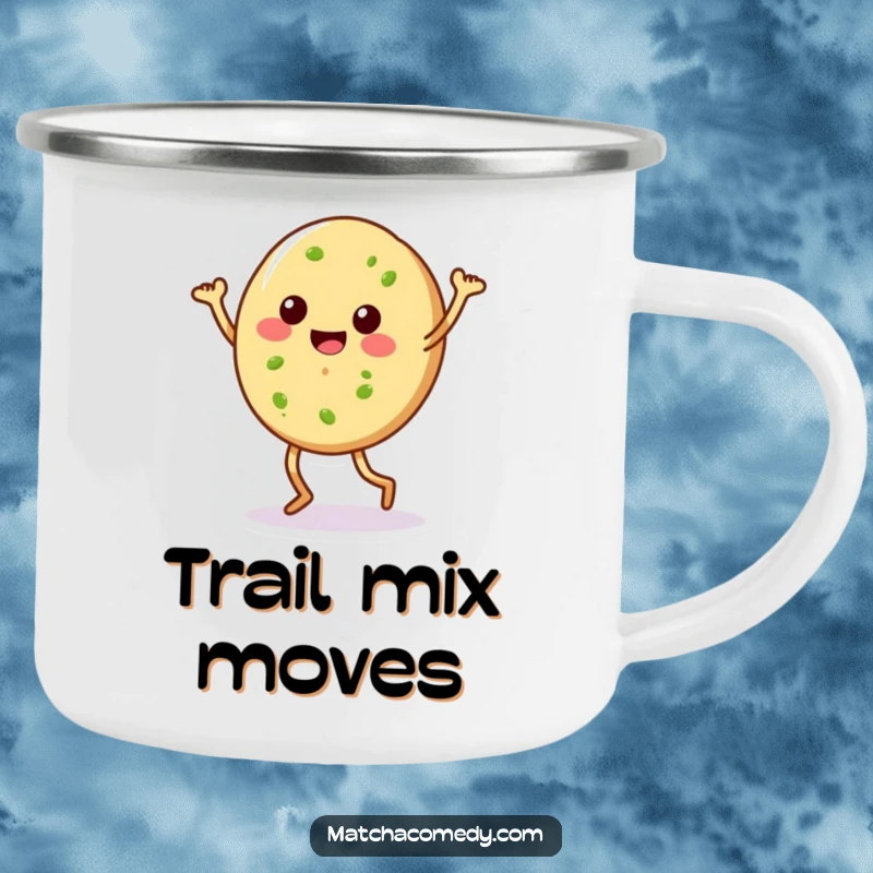 Funny matcha cookie with legs doing a silly dance, designed for a rugged camping mug. Perfect for outdoor enthusiasts.