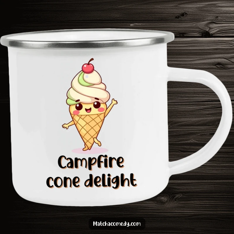 Funny Matcha Ice Cream Cone Camping Mug with a happy character doing a sweet dance and a cherry on top.