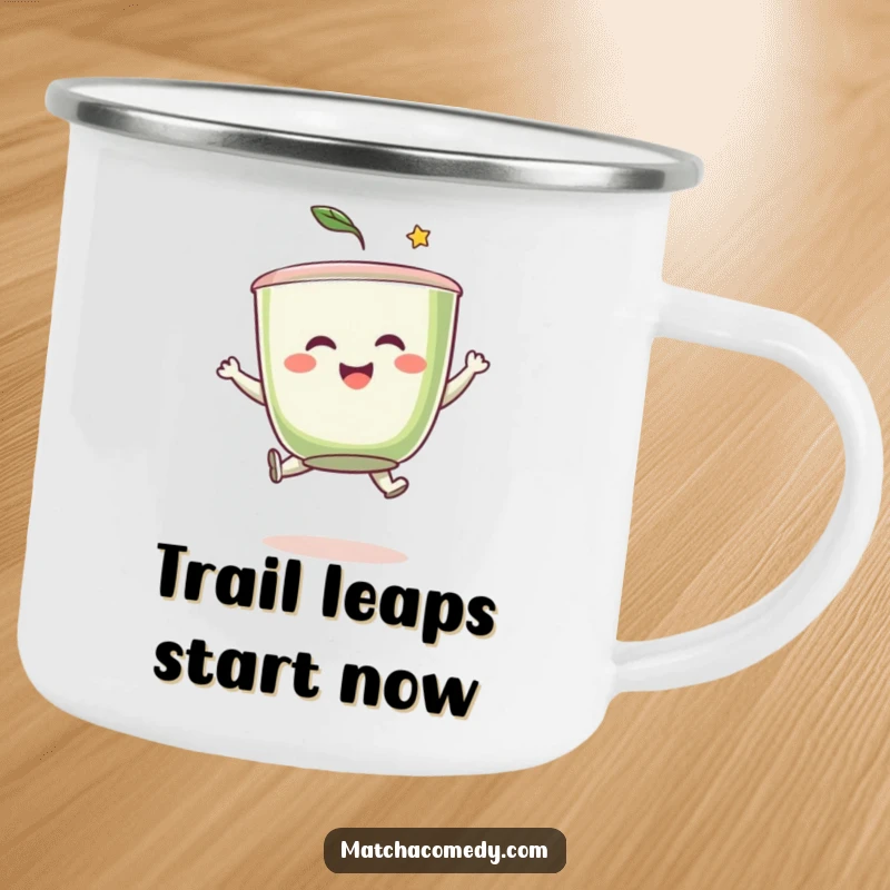 Funny matcha tea cup character mid-leap, designed for outdoor use on this durable camping mug, bringing smiles to your adventures.